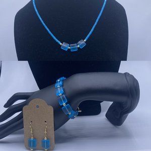 Blue Glass Square Bead Bracelet, Earrings and Necklace Set